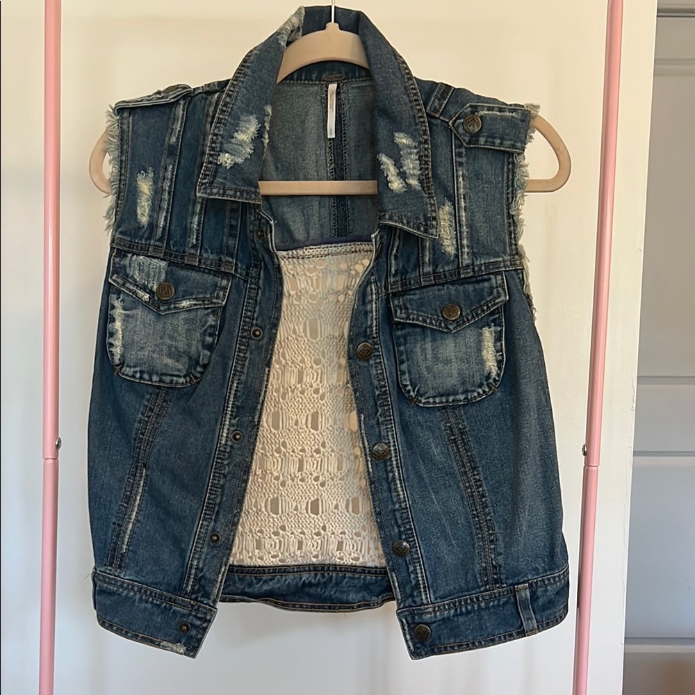 Free people Denim Vest with Lace Accents